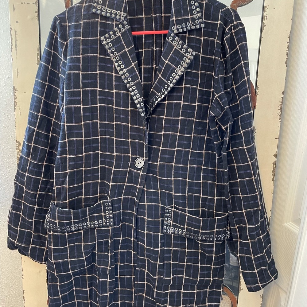 Long Gimmicks studded coat. Purple plaid with a front button. Size Small.